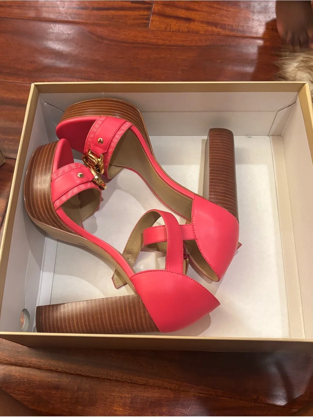 Michael Kors Coral Pink Platform Block Heel Sandals with Gold Accent